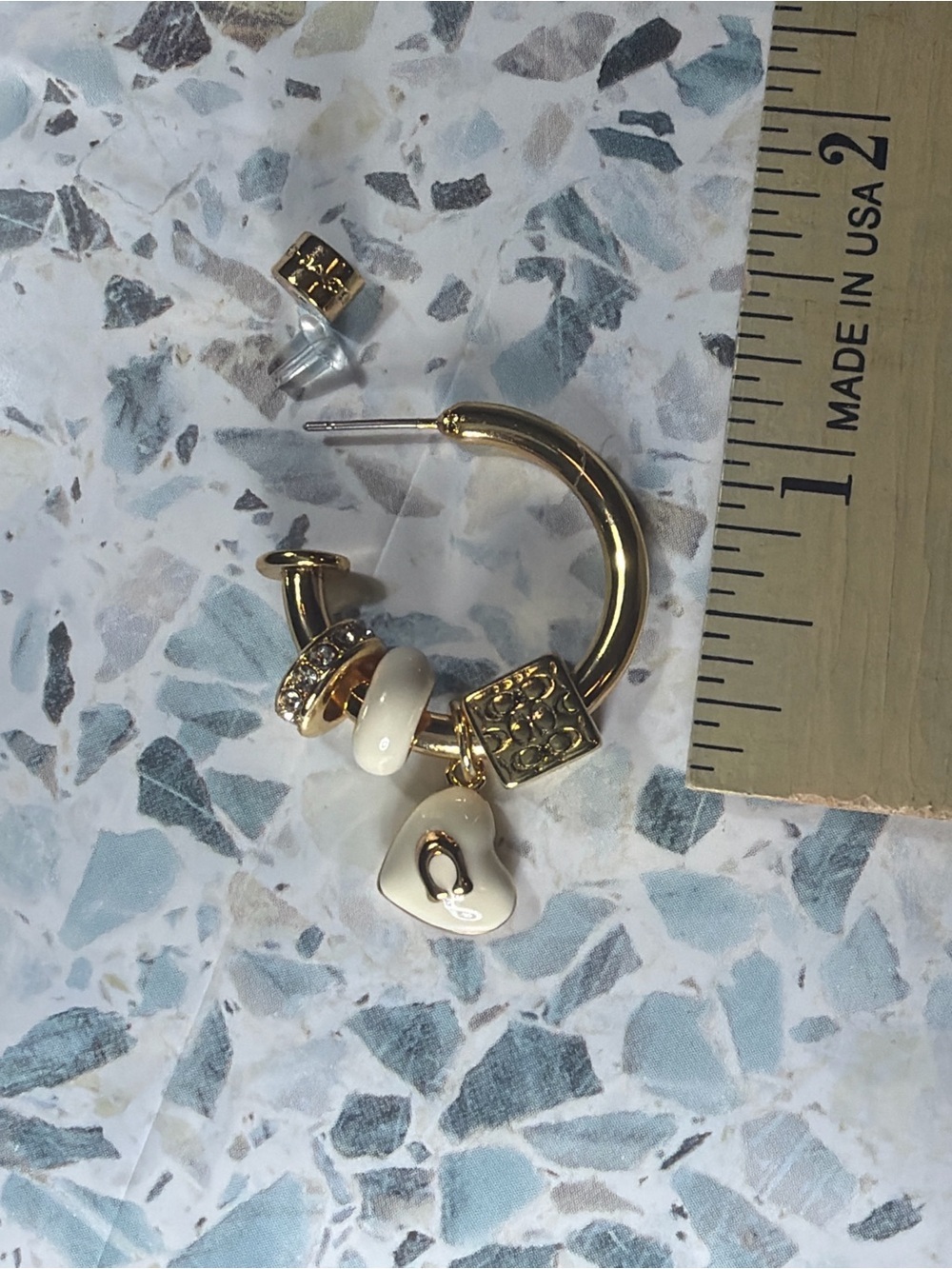 Coach Gold Tone Charm Hoop Earrings Heart Logo Dangle Bead Charms #46 - Picture 3 of 3